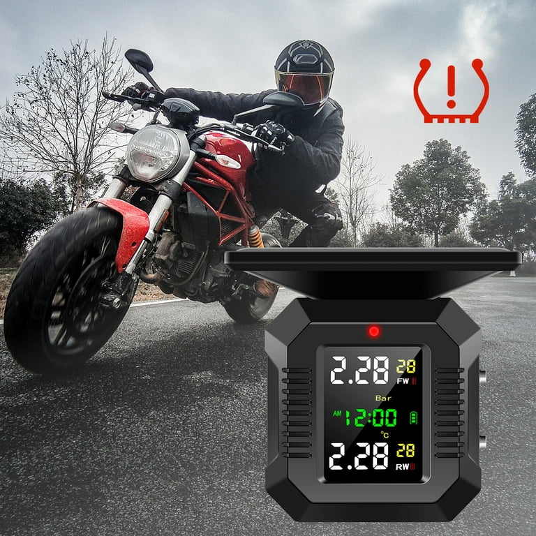 Protoiya Motorcycle TPMS Tire Pressure Monitoring System USB Solar Powered  Wireless Motorcycle TPMS with 2 Sensors LCD Display Waterproof Moto Tyre