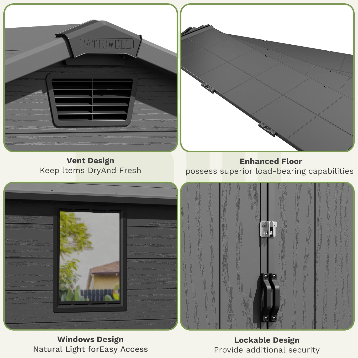 Patiowell 6'x6' Resin Storage Shed, Lockable Door & Window, Durable All-Weather Outdoor Shed for Garden & Tool Storage, Dark Gray