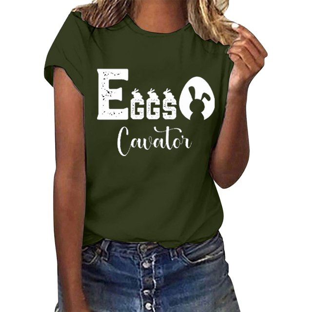 Outfmvch Chemises de Pâques pour Femmes, Chandails en Molleton à Col Rond pour Femmes, Chemises à Manches Courtes pour Femmes, Hauts de Sortie pour Femmes, Haut à Manches Courtes à Col Rond Imprimé de Pâques pour Femmes, T-Shirts Graphiques pour Femmes Vert Armée 3TG