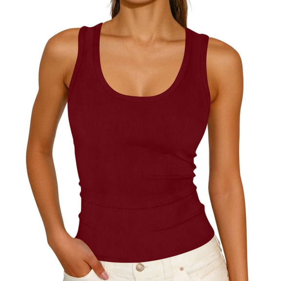TEAJOPSUU Slim Fit Ribbed Tank Tops for Women Sleeveless Round Neck Shirts Knit Solid Comfy Form Fitting Blouses Burgundy