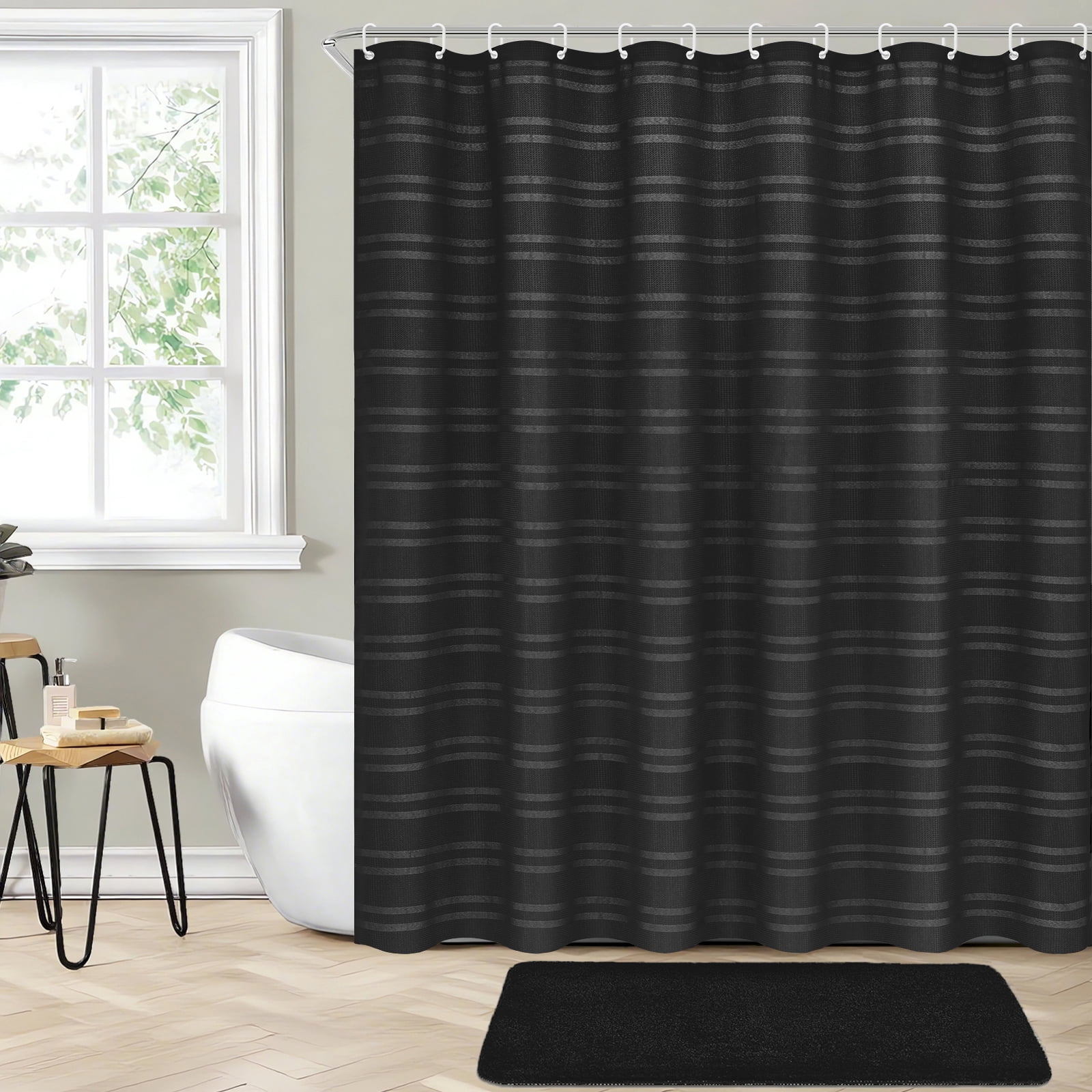 FRAMICS Heavy-Duty Waffle Weave Shower Curtain Sets with Rug, 14-Piece Striped Fabric Bathroom Sets with Hooks, Hotel Grade, Waterproof & Washable, Black, 71.3" x 71.3"