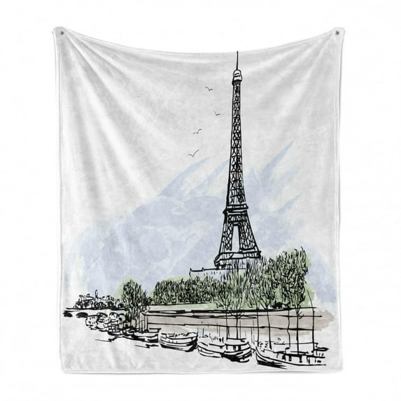 Paris Soft Flannel Fleece Throw Blanket, Architecture Theme Illustration of Eiffel Tower Birds and Trees Pattern Print, Cozy Plush for Indoor and Outdoor Use, 50" x 60", Black and White, by Ambesonne