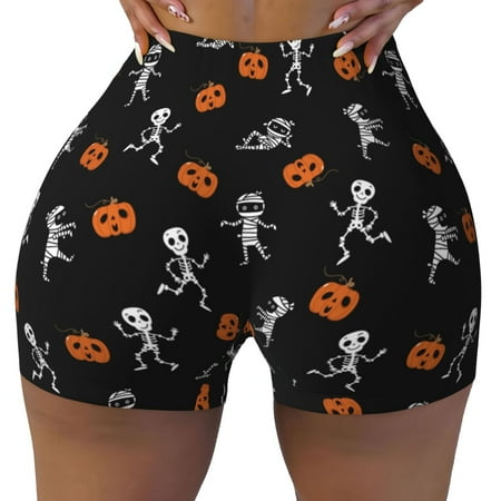 Workout Shorts Women  pumpkins skull halloween print Biker Shorts for Women Running Gym Spandex Shorts Tummy Control