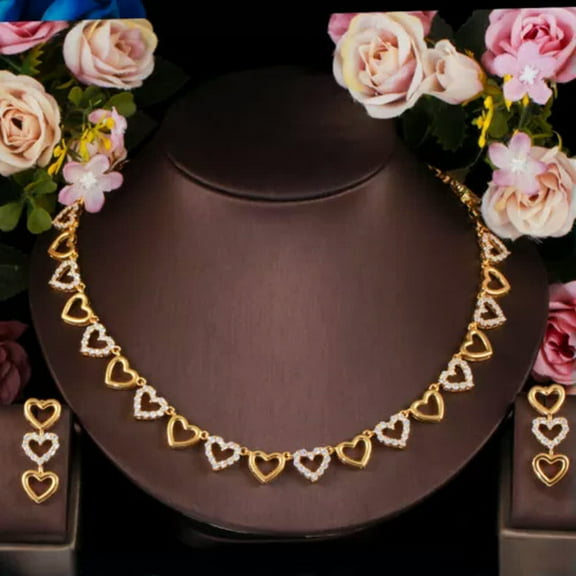 Luxury Dubai Gold Plated Lover Heart Tennis CZ Necklace Earrings Jewelry Set