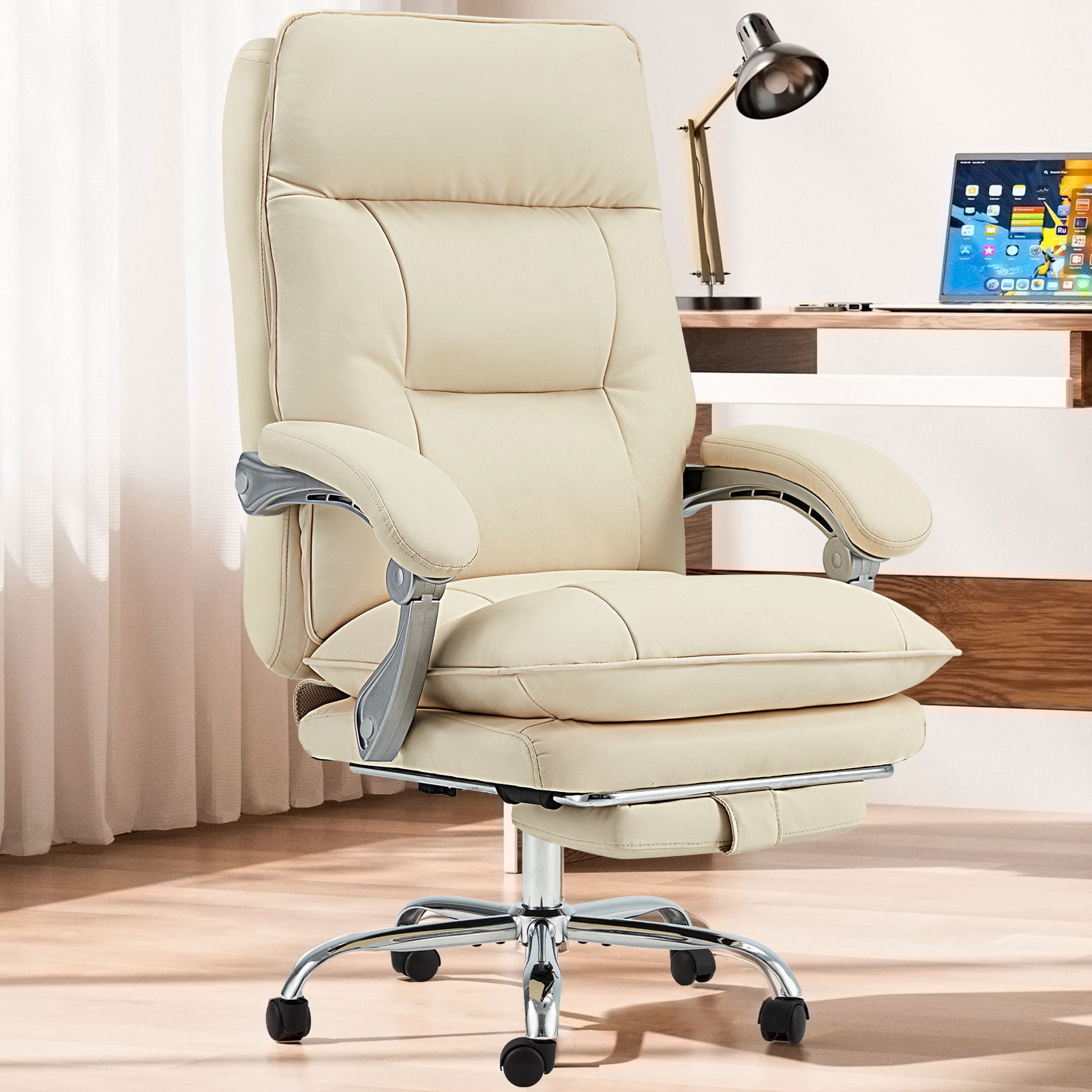 zzw Reclining Big and Tall Office Chair with Footrest - 350 lbs Capacity High Back Ergonomic Executive Desk Chair for Home and Gaming, White
