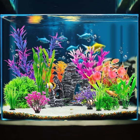 Aquarium Plants Cave Rock Decor Set & Artificial Plastic Plants, Fish Tank Accessories Decorations Kit