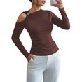 thumbnail image 2 of Camiseta Elegante Asimétrica con Cuello Alto, Hombros Descubiertos y Decoración Metálica para Mujer, Camisas Fruncidas de Larga Caqui XXL, 2 of 8