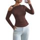 thumbnail image 2 of Camiseta Elegante Asimétrica con Cuello Alto, Hombros Descubiertos y Decoración Metálica para Mujer, Camisas Fruncidas de Larga Caqui XXL, 2 of 8