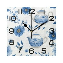 Teapot and Flowers Wall Clock Square Silent Non-Ticking Battery Operated Retro 7.78" Clock Home Kitchen Office Decoration