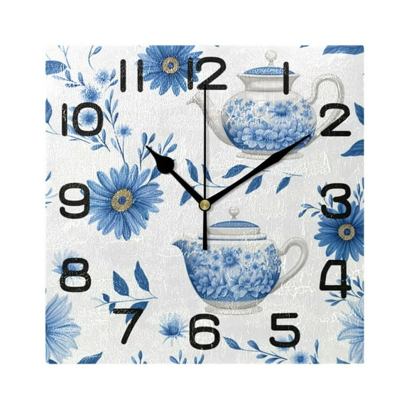 Teapot and Flowers Wall Clock Square Silent Non-Ticking Battery Operated Retro 7.78" Clock Home Kitchen Office Decoration