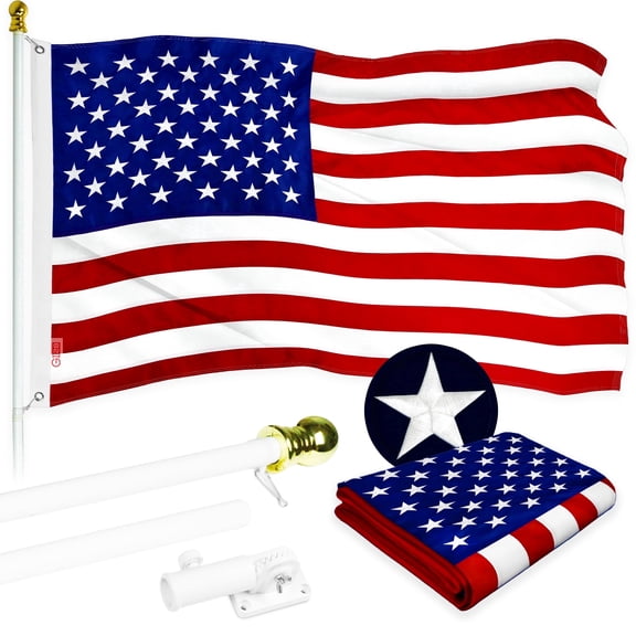 G128 - Flag with Pole Set 3x5 ft Embroidered Brass Grommet with 6ft White Pole Tangle Free Aluminum