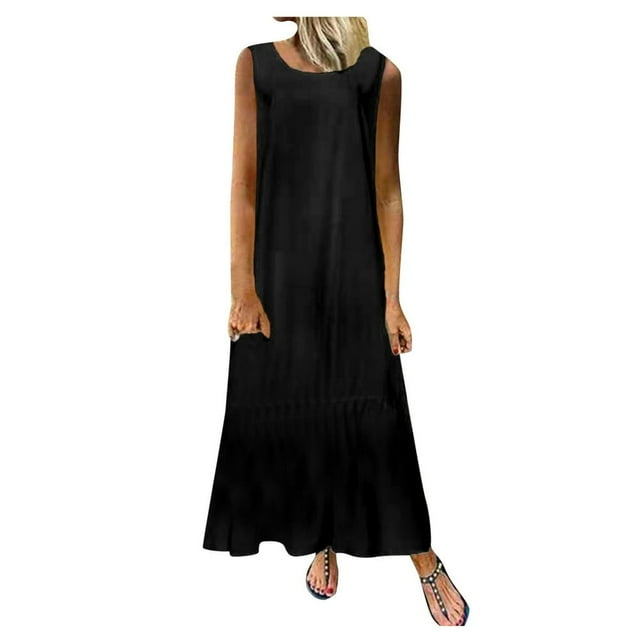 Robe Maxi Décontractée Sans Manches en Coton Col Rond Couleur Unie Été pour Femmes