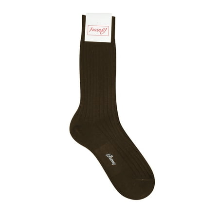 Brioni Men's Dark Brown 100% Cotton Ribbed Knit Logo Socks (10.5)