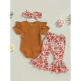 thumbnail image 4 of Wassery Infant Baby Girls Clothes Solid Color Knit Rib Short Sleeve Romper Crew Neck Jumpsuits Flower Print Flare Pants Headband 3Pcs Summer Set 0-18M, 4 of 8