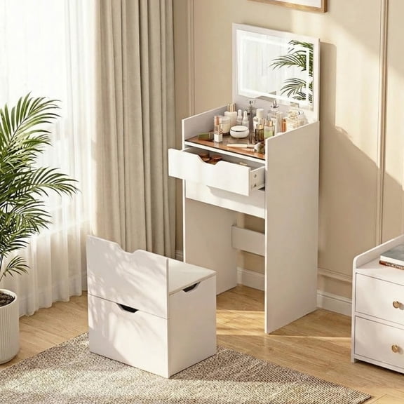 3-in-1 Vanity Desk with Lights & Flip Mirror, Small Makeup Vanity Set with Hidden Stool, Storage Drawers, Space-Saving Dressing Table for Bedroom, Apartment, Studio