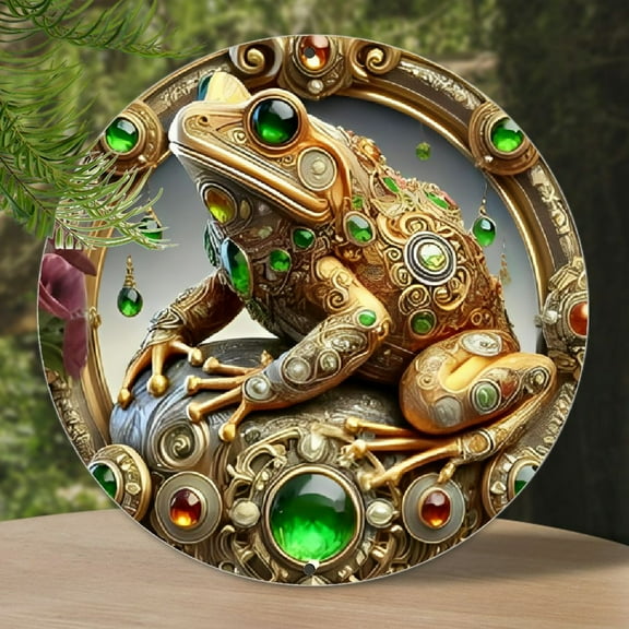 Golden Toad Aluminum Metal Wall Art - 1pc Round Gem-Encrusted Frog Sign, Rustic Animal Decor for Home, Garage, Cafe - Durable Weather-Resistant Metal Wall Decor