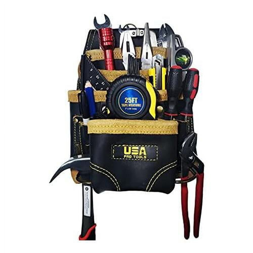 Carpenters Leather Tool Pouch Bag | Ideal For Electricians, Framers And Handyman | 10 Pockets With 2 Hammers Holders