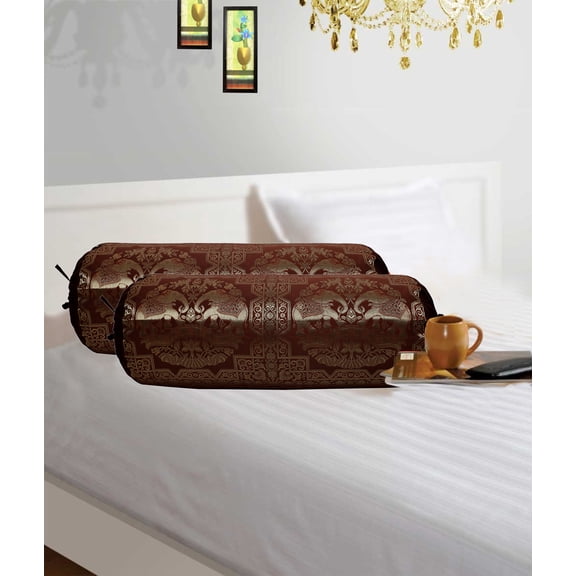 Stylo Culture Ethnic Tubular Brocade Bolster Pillow Covers Coffee Brown Gold Elephant Jacquard Weave Round Meditation Pillow Traditional Floral Decorative Cushion Covers - (76x38 cm) | Set of 2 Pcs