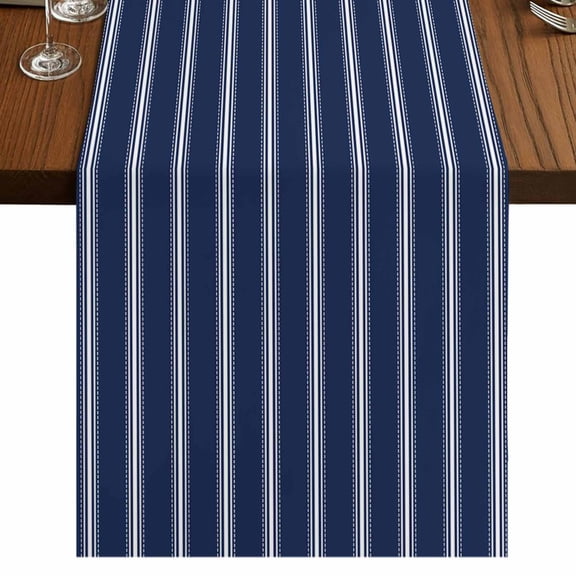 Navy Blue Striped Short Table Runner 48 Inches Long,Navy Blue White Farmhouse Stripes Cotton Linen Table Runners Dresser Scarves,Tabletop Scarf Furniture Cover for Home Dinner Party Decor 13"x48"