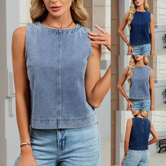 Sheghy Tank Tops for Women Summer Denim Crew Neck Tank, Solid Straight Fit Sleeveless Casual Top Light Blue S