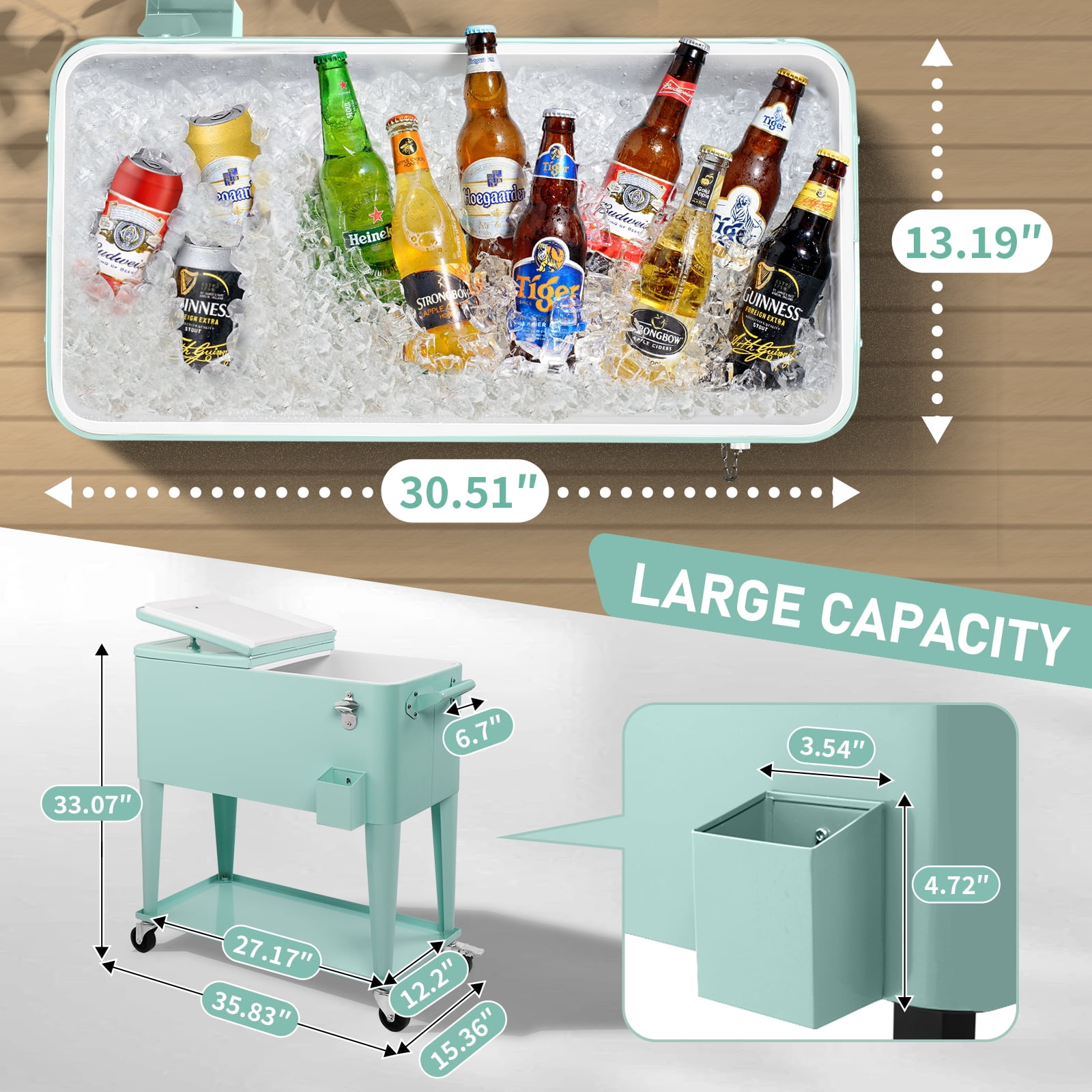 BAYUELSWU 80 Quart Patio Cooler Rolling Cooler Ice Chest with Wheels, Cooler Carts Square with Shelf and Bottle Opener Portable for Outdoor Indoor Party Camping (Mint)