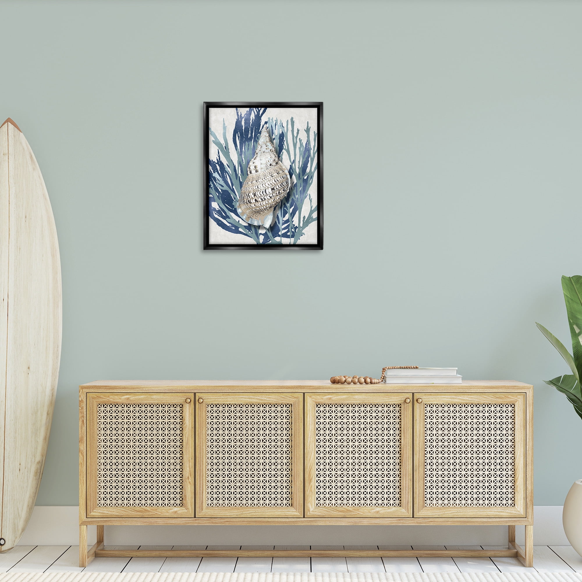Stupell Industries Shell Coral Blue Beach Design Nature Painting Black Floater Framed Canvas Art Print Wall Art, 25 x 31