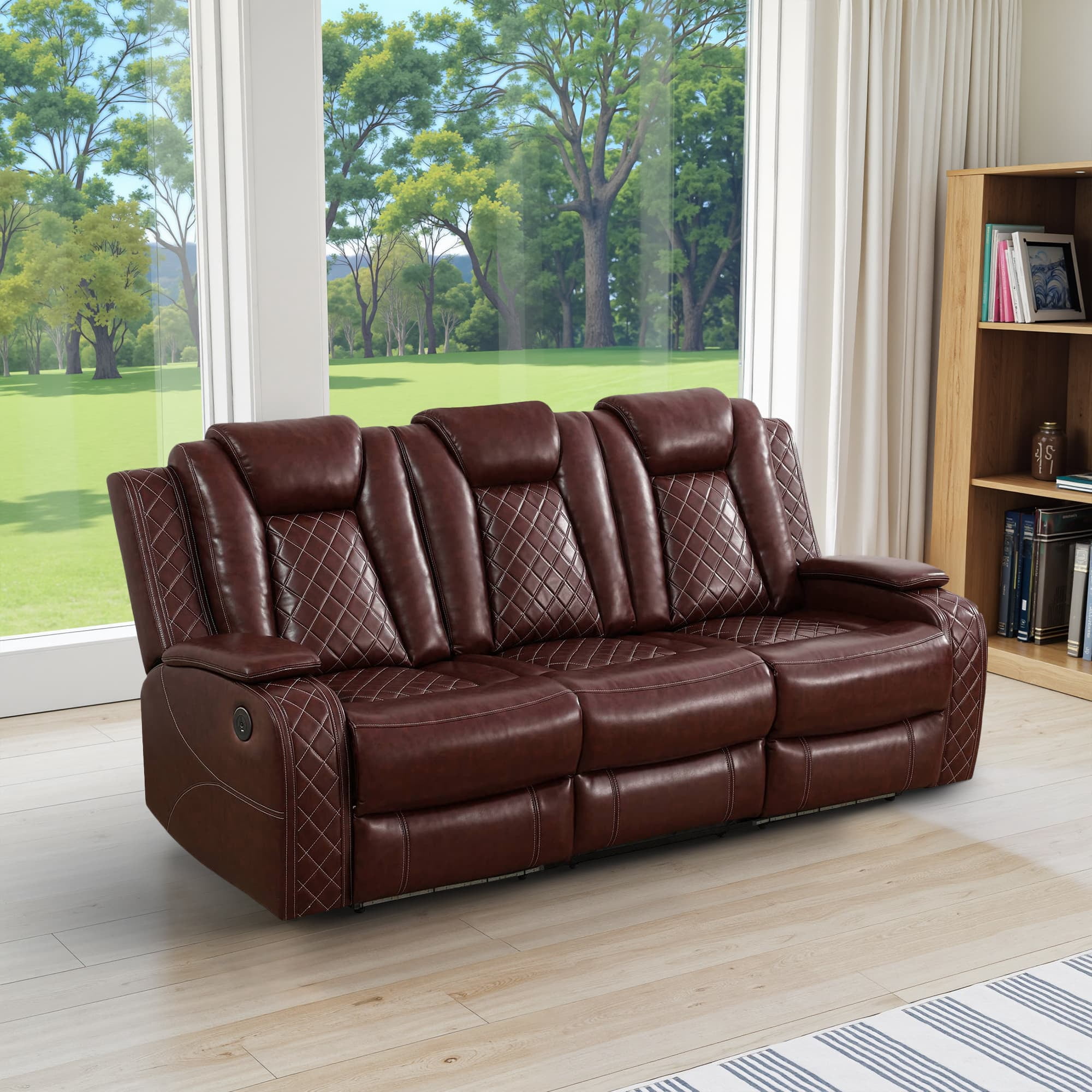 MAYEERTY Power Reclining Sofa, Electric 3-Seat Leather Recliner with USB Charging, Reversible Table & Ambient LED Lighting for Living Room, Brown
