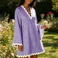 thumbnail image 5 of XuJwPNcy Womens Summer Dresses Long Sleeve Ruffle Hem Mini Dress V Neck Striped Loose Dresses Fashion Casual Outfits, 5 of 7
