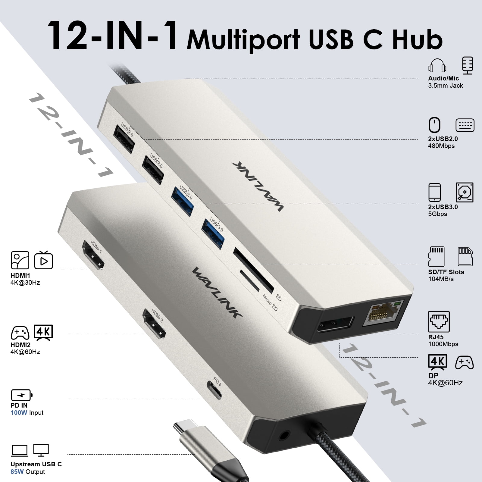 WAVLINK USB C Docking Station, 85W Charging Type-C Adapter for Laptop, Triple Monitor USB HUB Dual 4K HDMI Display Port, Gigabit Ethernet, SD/TF, USB 3.0/2.0