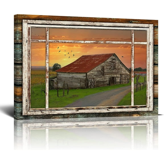 Rustic Red Barn Canvas Wall Art Barn At Sunset Print Paintings Farmhouse Barn Pictures Modern Home Country Artwork Decor For Living Room Kitchen Bathroom Framed Ready To Hang 12x16 Inch