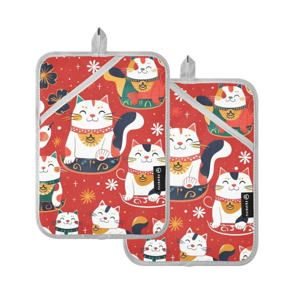 Japanese Lucky Cats Oven Mitts 2 Pcs Pot Holders Sets Heat Resistant for Kitchen Cooking Baking 7"x9.8"