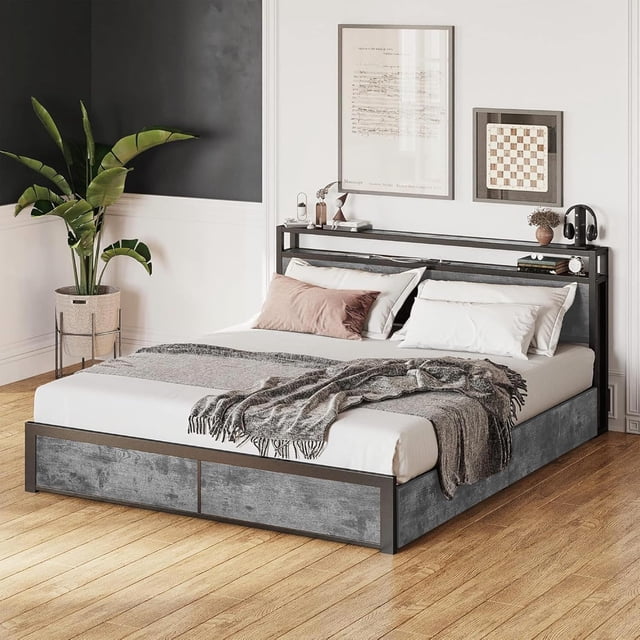Base Cama Queen Size, Bluelander con Conectores y Puertos USB, Base de Cama con Almacenamiento, Gris