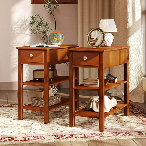 Auranook Set of 2 Narrow End Tables w/Drawer Shelves & Rubber Wood Legs Sofa Side Table