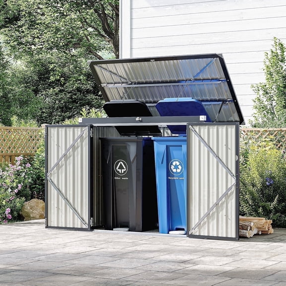 Dateyes 3.3’ x 5.6’ Storage Shed Outdoor Metal Trash Can Shed with Lockable Doors and Easy Lift Hinges, Black