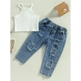 thumbnail image 2 of Bagilaanoe 2pcs Toddler Baby Girl Long Pants Set Sleeveless Camisole Tops + Ripped Jeans Denim Trousers 18M 24M 3T 4T 5T 6T Kids Casual Outfits, 2 of 8