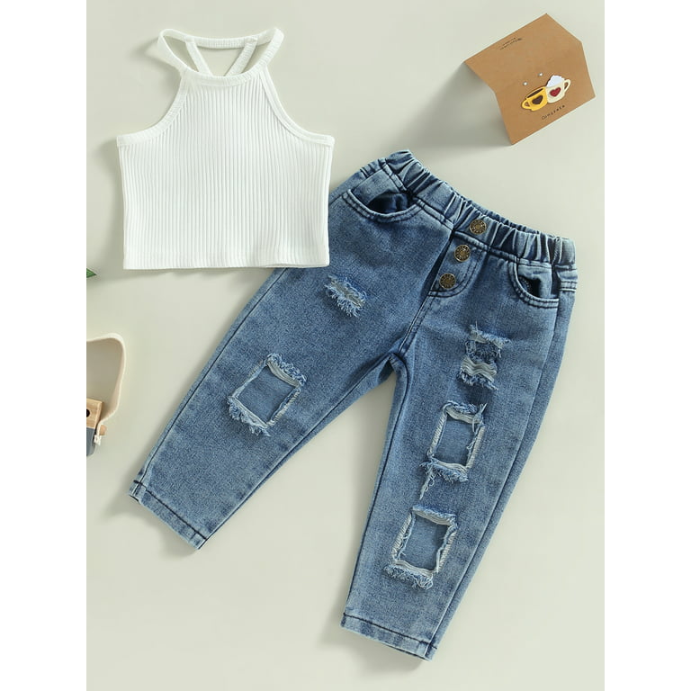 Suanret 2Pcs Kids Little Girls Jeans Sets Sleeveless Camisole Elastic Waist  Ripped Denim Pants Summer Outfits White 18-24 Months 