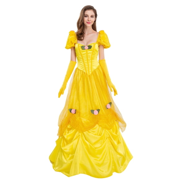 HAWEE Robe de Princesse pour Femmes Belle Superposée Halloween Fête Jaune Costume Robe de Bal avec Gants
