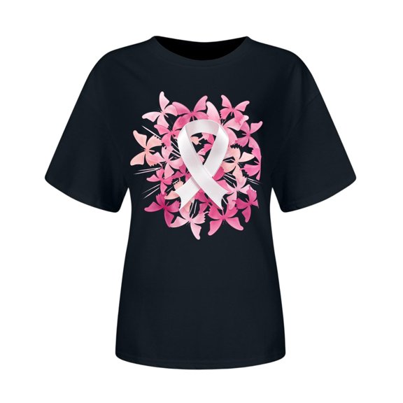 Yuanlong Womens Tshirts Short Sleeve Round Neck Tops With Pink Ribbon Print Breast Cancer Awareness Month Daily T Shirts