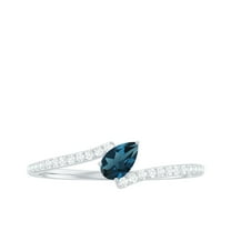 Rosec Jewels Pear Shape London Blue Topaz Promise Ring with Diamond for Women - Bypass Ring, 925 Sterling Silver, US 8.00