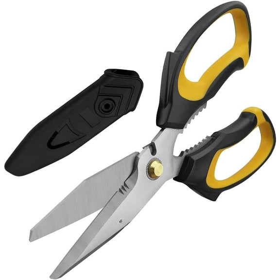 Heavy Duty 8-Inch,Multipurpose , Stainless Steel Shears with Serrated Edge & Protective Cover,Non-Slip Handle,Easy  Cardboard, Carpet,Leather, Fabric, Wires, Yellow