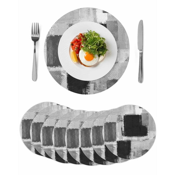 Abstract Vintage Round Table Placemats set of 8, Art Oil Painting Texture Washable Woven Place Mats for Dining Tables Kitchen Party Decor,Heat Proof, 15in, Black Gray