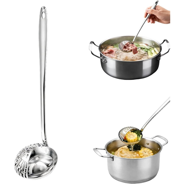 Cucharón de sopa de metal de acero inoxidable 2 en 1 con colr para cocina, cucharón de sopa con mango largo para cocinar fácil servir (plata)