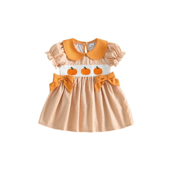 RUINIXCW Kids Toddler Baby Girls Halloween Dress Outfit Infant Baby Girls Summer Fall Plaid Dress Clothes Cute Pumpkin Ghost Embroidery Doll Collar Short Sleeve Dress
