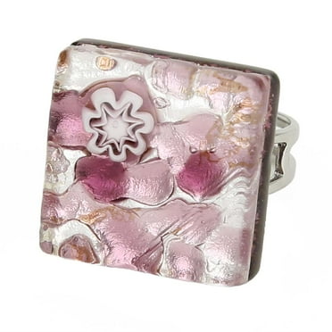 GlassOfVenice Murano Glass Venetian Reflections Square Adjustable Ring - Purple Silver