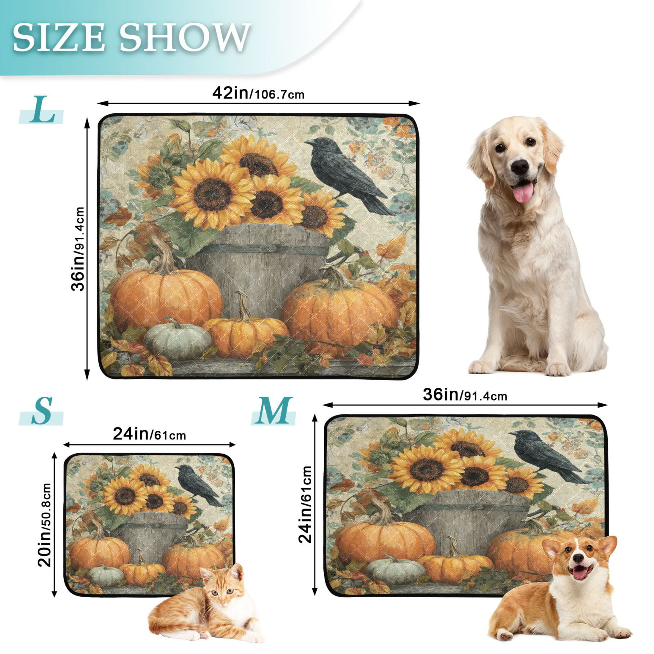 Qxltty Pumpkins Sunflowers Cat litter Pads Pet Set of 3 Diaper Mats Center Anti-leakage Layer Absorbent Soft and Comfortable