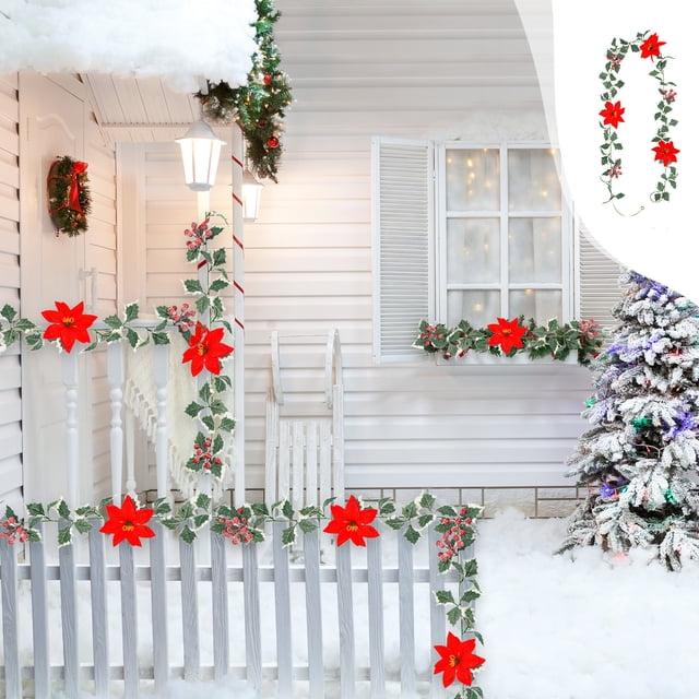 ABPWLY Guirlande de Noël Guirlande de Noël Poinsettia Baies Rouges Branche Florale Simulée Suspendue en Rotin Porte Murale Arbre Réaliste Ornement Multiples Longueurs Réutilisable Décoration d'Événement à Domicile
