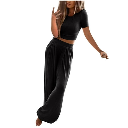 Scyoekwg Women s 2 Piece Outfits Summer Short Sleeve Crewneck Tops Long Pants Comfortable Homewear Two-piece Set (Black L)