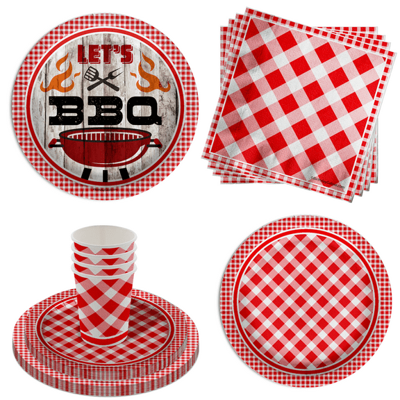 Red Gingham Birthday Party Supplies - Let's BBQ Paper Plates - Summer Barbecue Party Set Includes Large Paper Plates Napkins Cups - Kit for 16 64 Piece