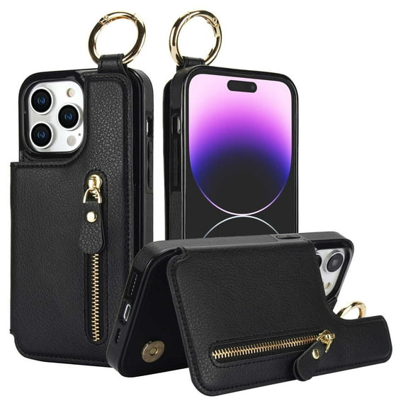 Zipper wallet with card holder ring leather phone case for iPhone 16 Promax protective cover