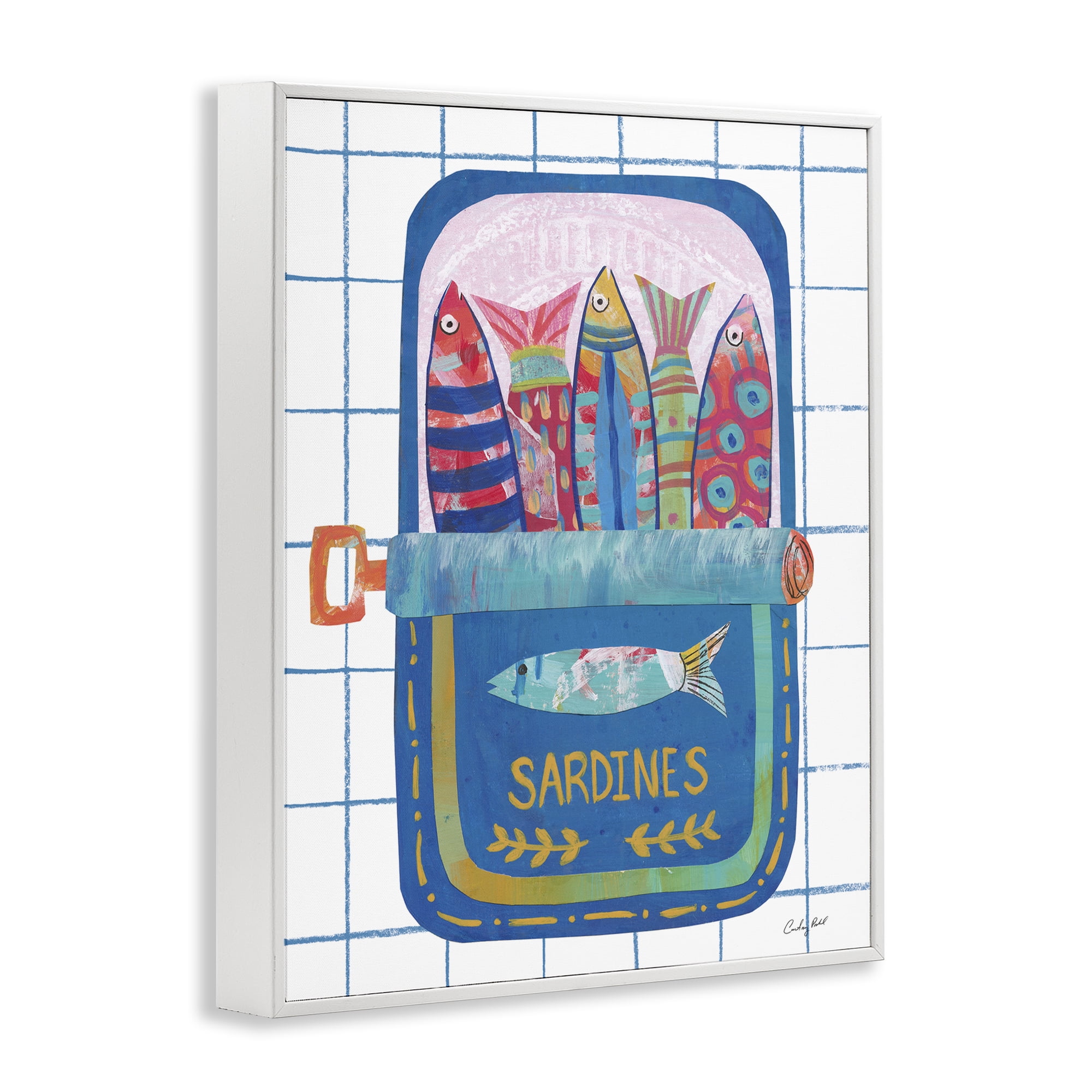 Stupell Industries Silly Sardines Blue Tin White Framed Giclee Art, design by Courtney Prahl
